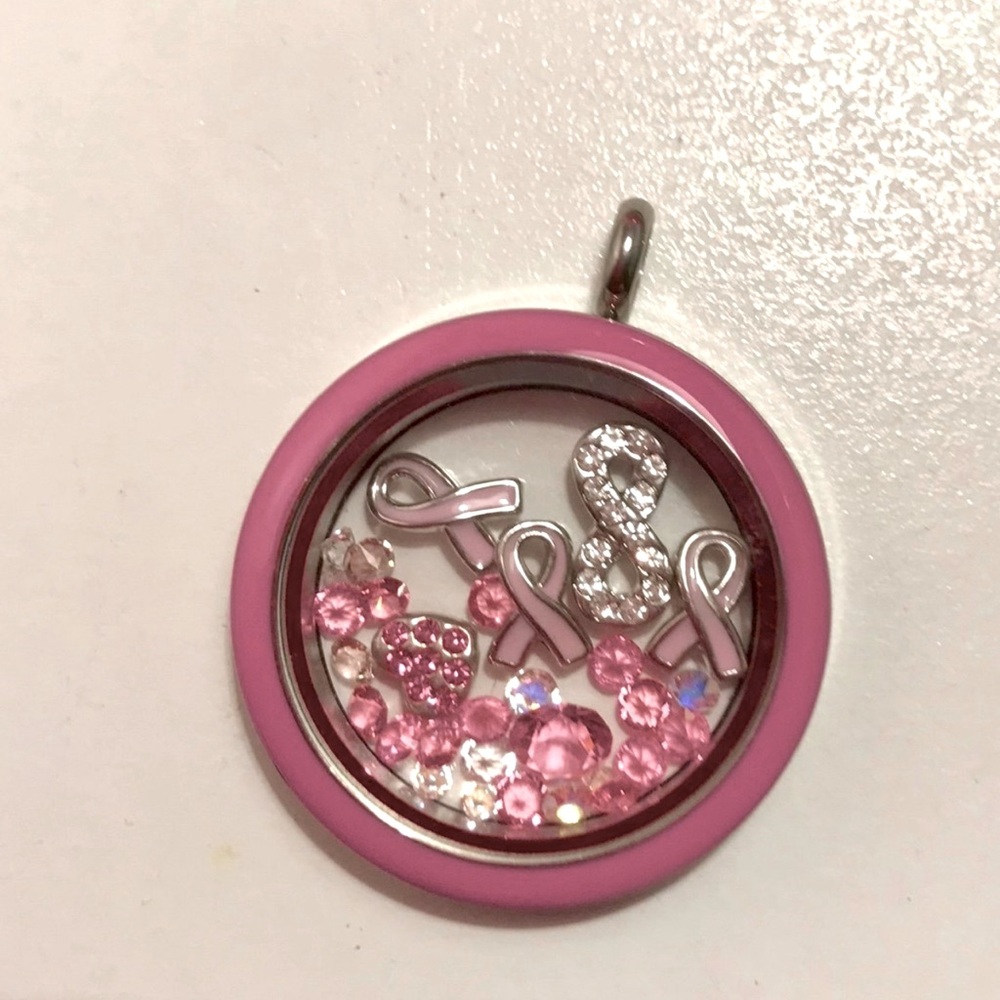 Origami Owl Large Pin Locket with silver twist base, pink Cancer charms & chain
